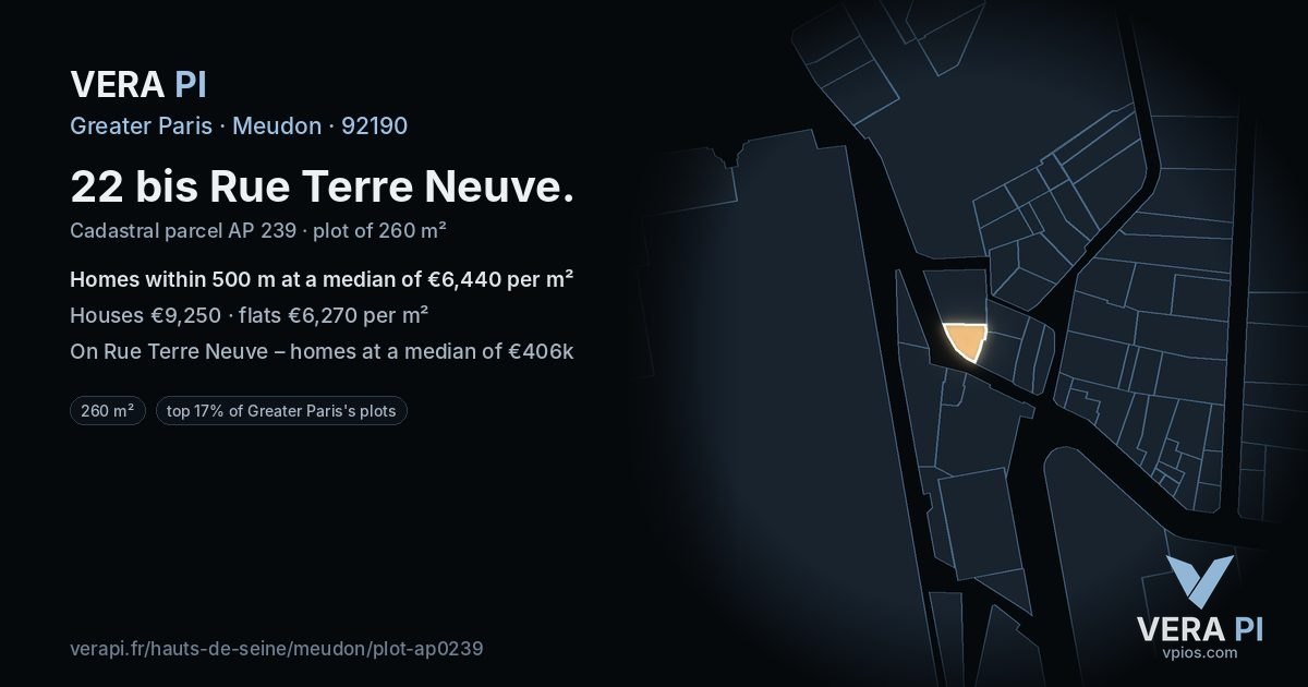 22 bis Rue Terre Neuve, Meudon at night – the plot lit, the parcels around coloured by the prices near them