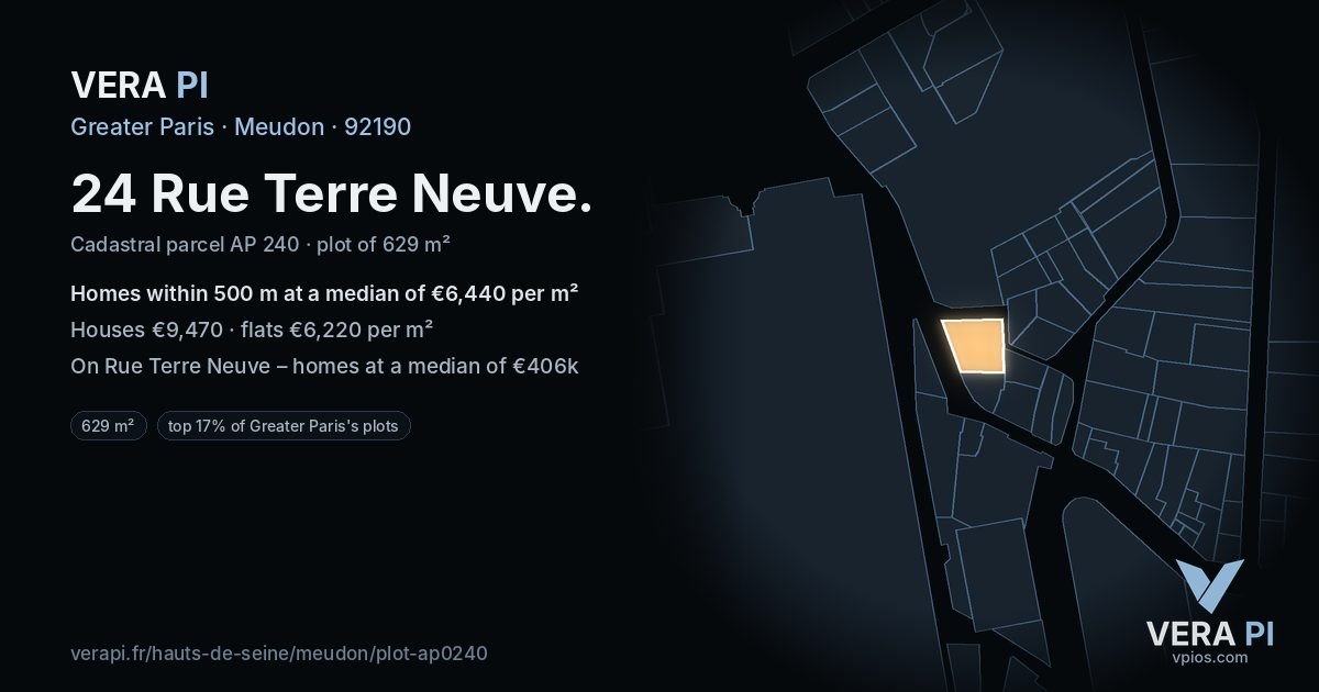 24 Rue Terre Neuve, Meudon at night – the plot lit, the parcels around coloured by the prices near them