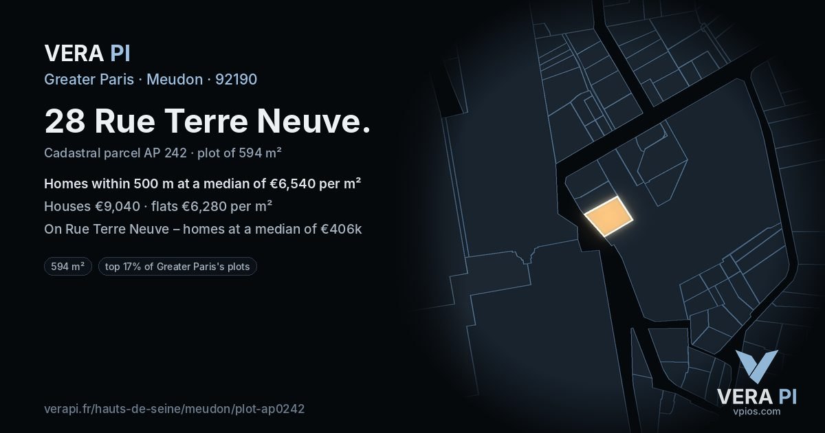 28 Rue Terre Neuve, Meudon at night – the plot lit, the parcels around coloured by the prices near them