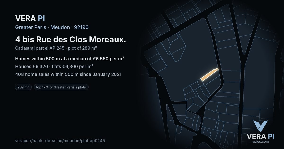 4 bis Rue des Clos Moreaux, Meudon at night – the plot lit, the parcels around coloured by the prices near them