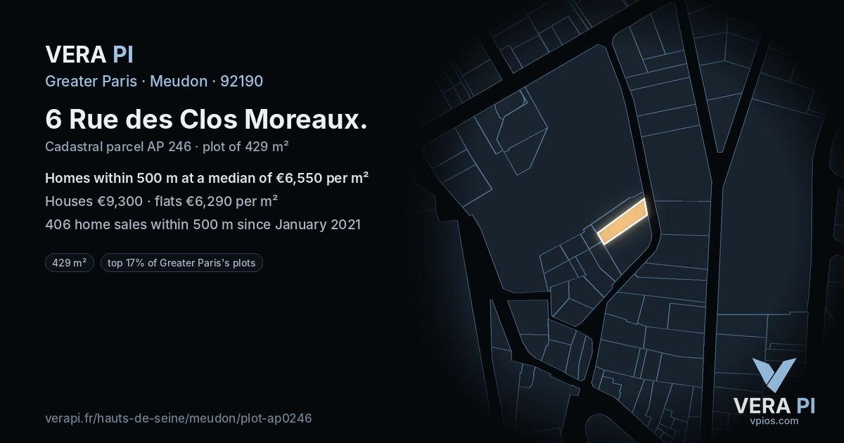 6 Rue des Clos Moreaux, Meudon at night – the plot lit, the parcels around coloured by the prices near them