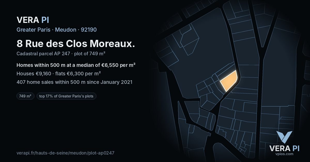 8 Rue des Clos Moreaux, Meudon at night – the plot lit, the parcels around coloured by the prices near them