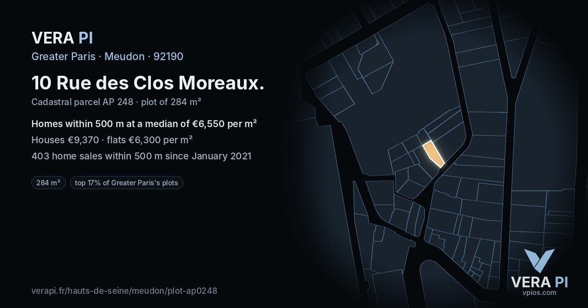 10 Rue des Clos Moreaux, Meudon at night – the plot lit, the parcels around coloured by the prices near them