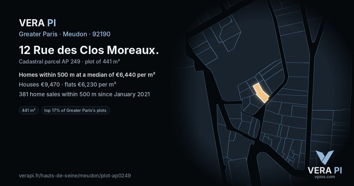 12 Rue des Clos Moreaux, Meudon at night – the plot lit, the parcels around coloured by the prices near them