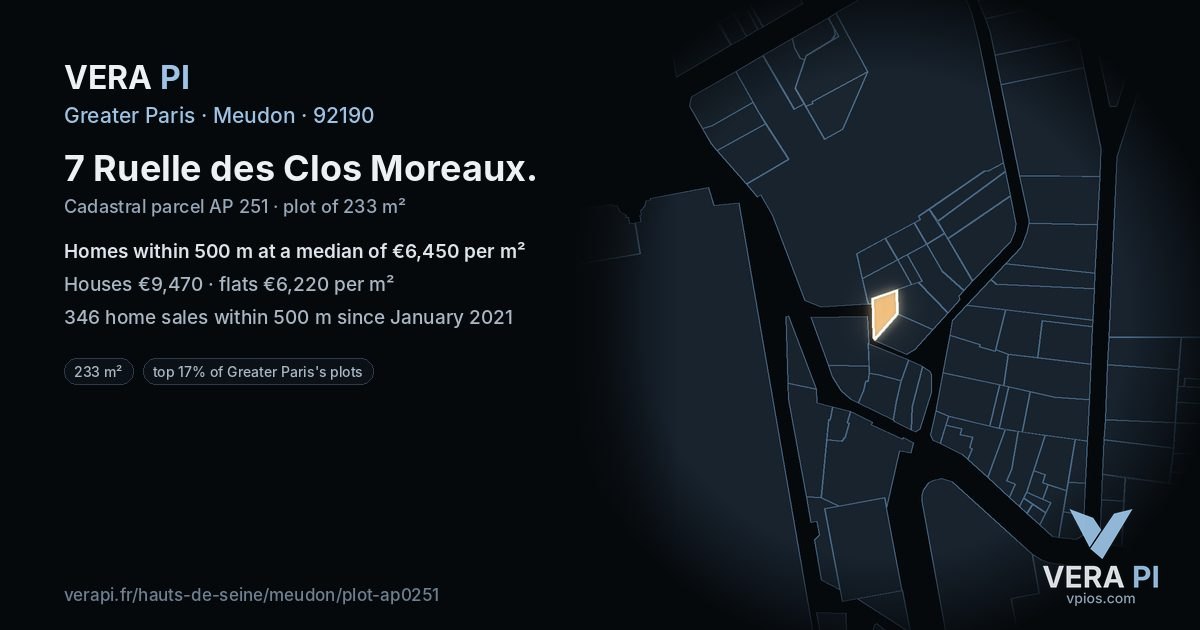 7 Ruelle des Clos Moreaux, Meudon at night – the plot lit, the parcels around coloured by the prices near them