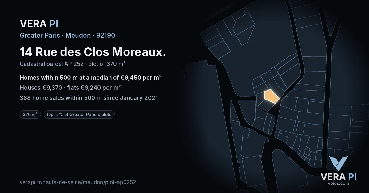 14 Rue des Clos Moreaux, Meudon at night – the plot lit, the parcels around coloured by the prices near them