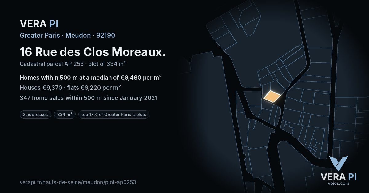 16 Rue des Clos Moreaux, Meudon at night – the plot lit, the parcels around coloured by the prices near them