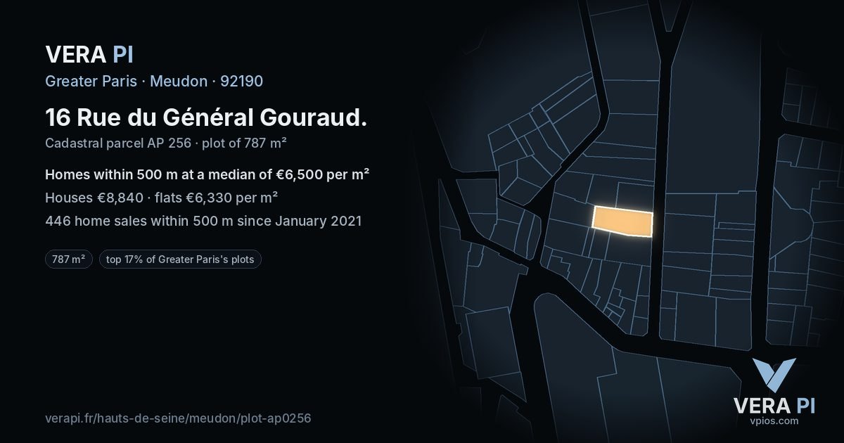 16 Rue du Général Gouraud, Meudon at night – the plot lit, the parcels around coloured by the prices near them