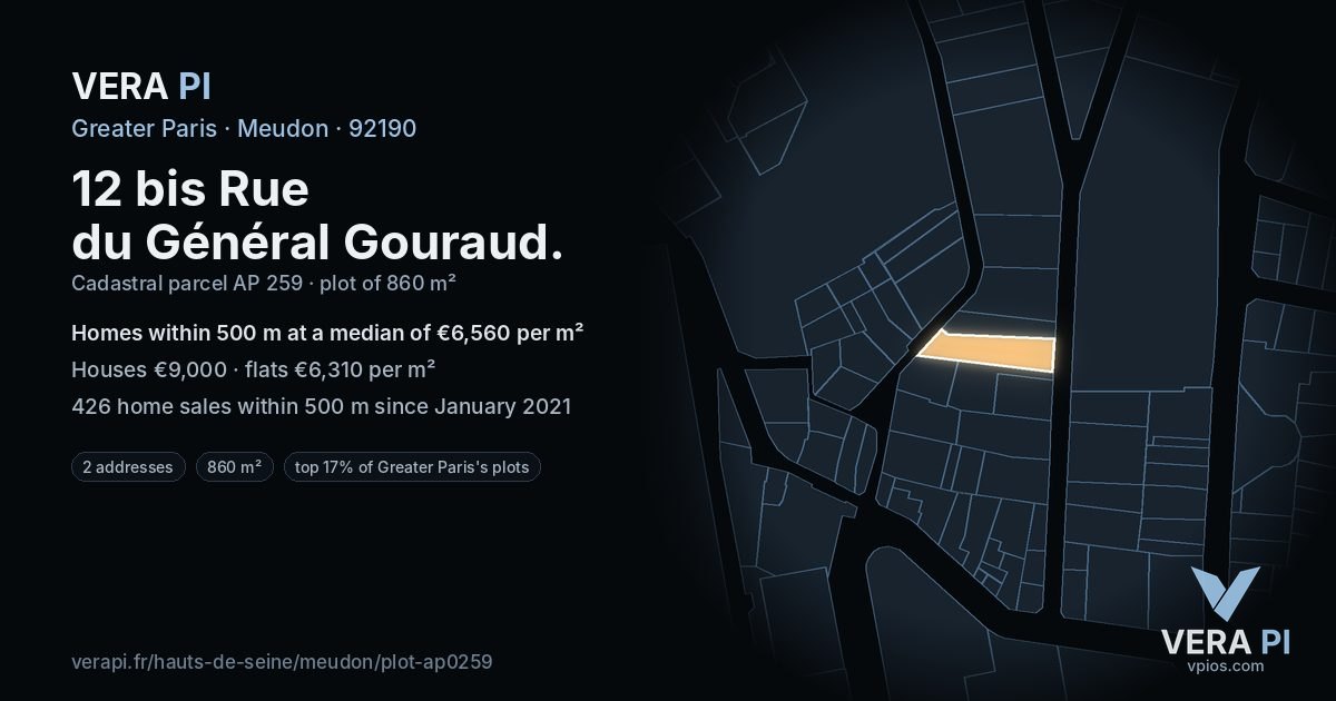 12 bis Rue du Général Gouraud, Meudon at night – the plot lit, the parcels around coloured by the prices near them