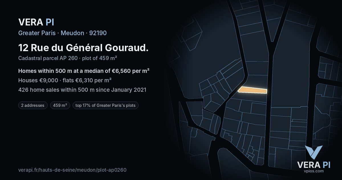 12 Rue du Général Gouraud, Meudon at night – the plot lit, the parcels around coloured by the prices near them