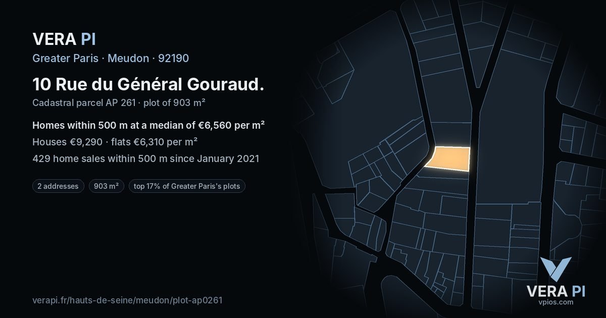 10 Rue du Général Gouraud, Meudon at night – the plot lit, the parcels around coloured by the prices near them