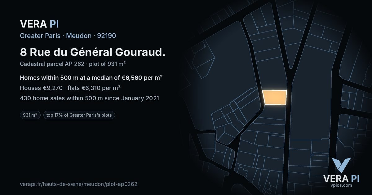 8 Rue du Général Gouraud, Meudon at night – the plot lit, the parcels around coloured by the prices near them