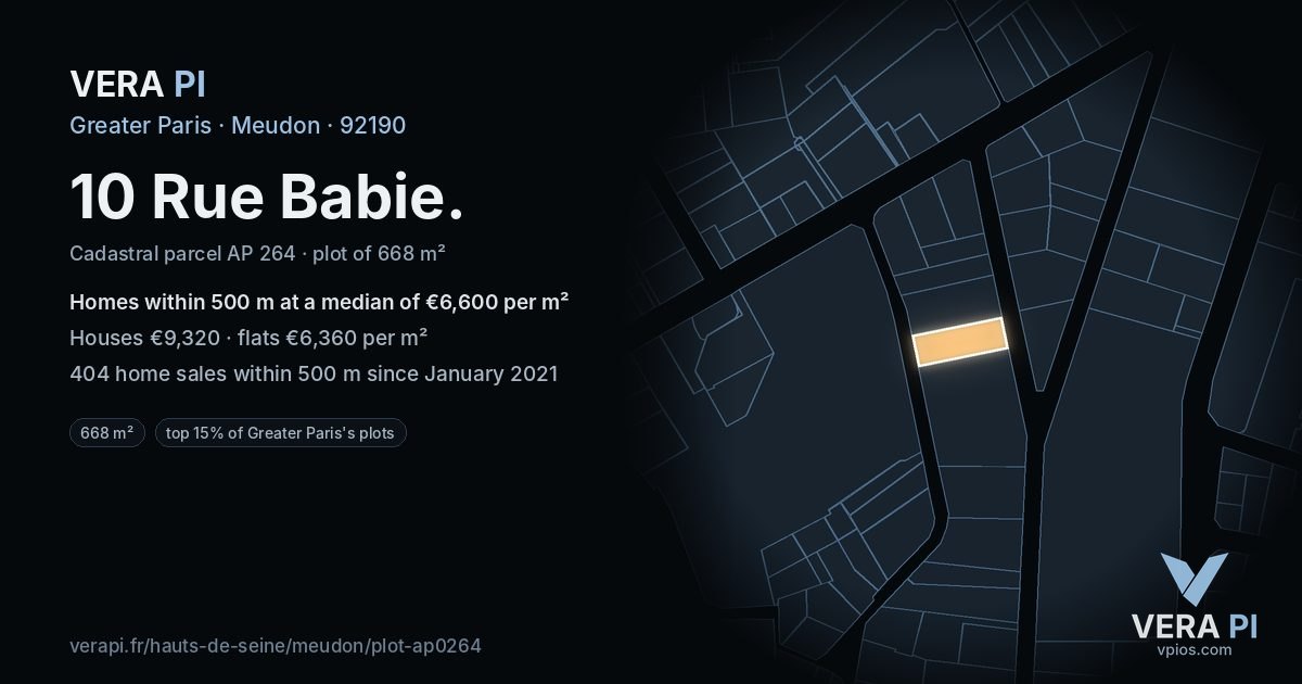 10 Rue Babie, Meudon at night – the plot lit, the parcels around coloured by the prices near them
