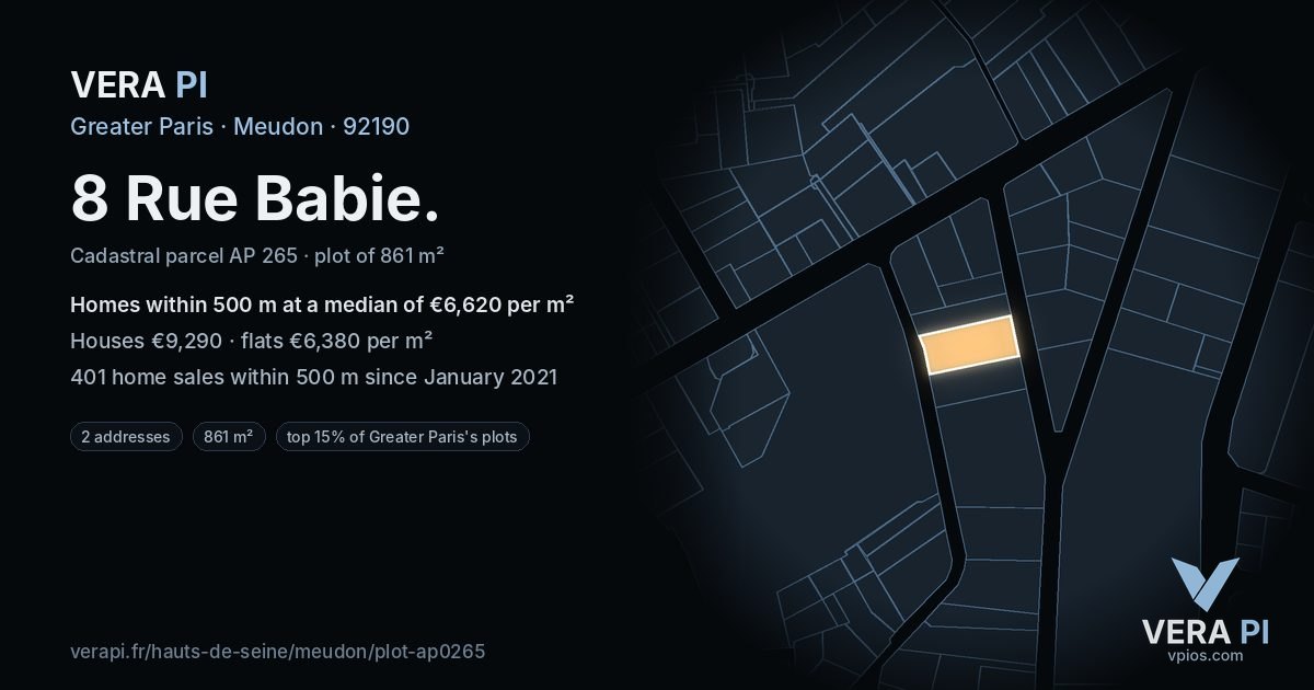 8 Rue Babie, Meudon at night – the plot lit, the parcels around coloured by the prices near them