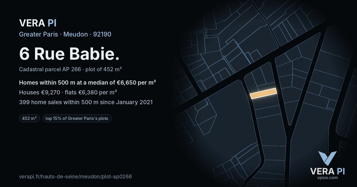 6 Rue Babie, Meudon at night – the plot lit, the parcels around coloured by the prices near them