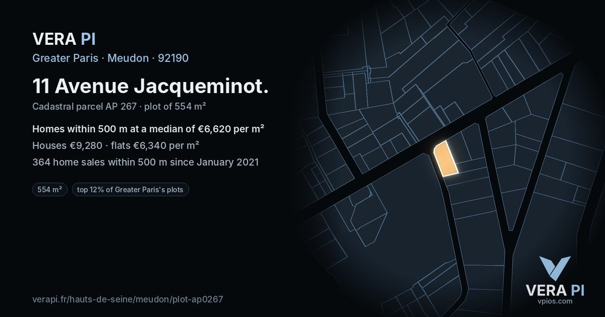 11 Avenue Jacqueminot, Meudon at night – the plot lit, the parcels around coloured by the prices near them
