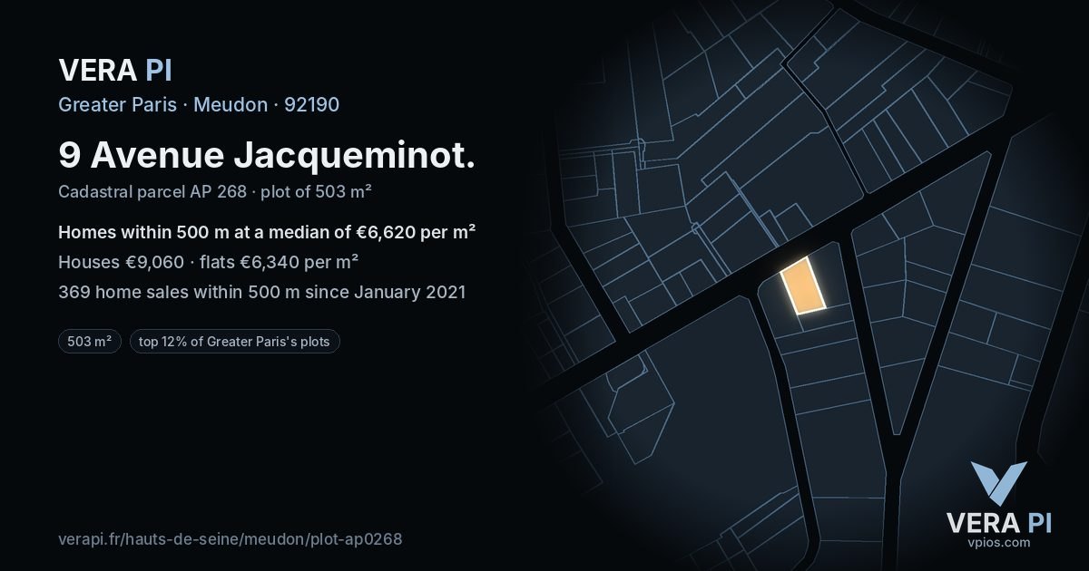 9 Avenue Jacqueminot, Meudon at night – the plot lit, the parcels around coloured by the prices near them