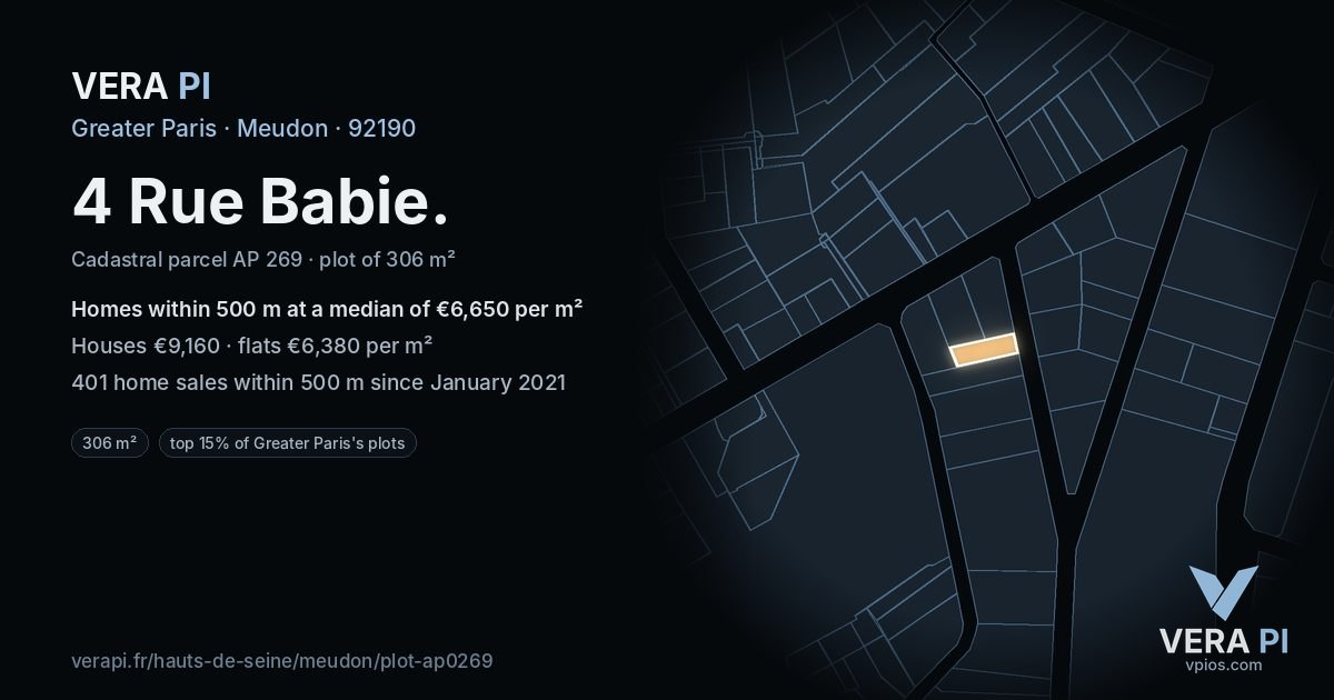 4 Rue Babie, Meudon at night – the plot lit, the parcels around coloured by the prices near them