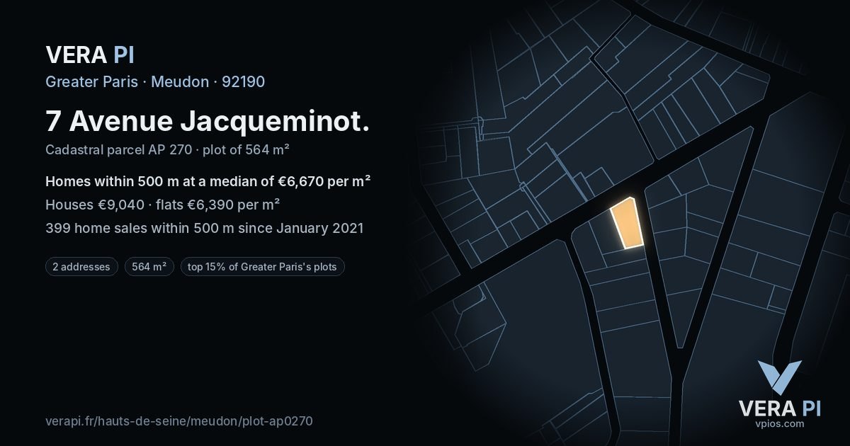 7 Avenue Jacqueminot, Meudon at night – the plot lit, the parcels around coloured by the prices near them
