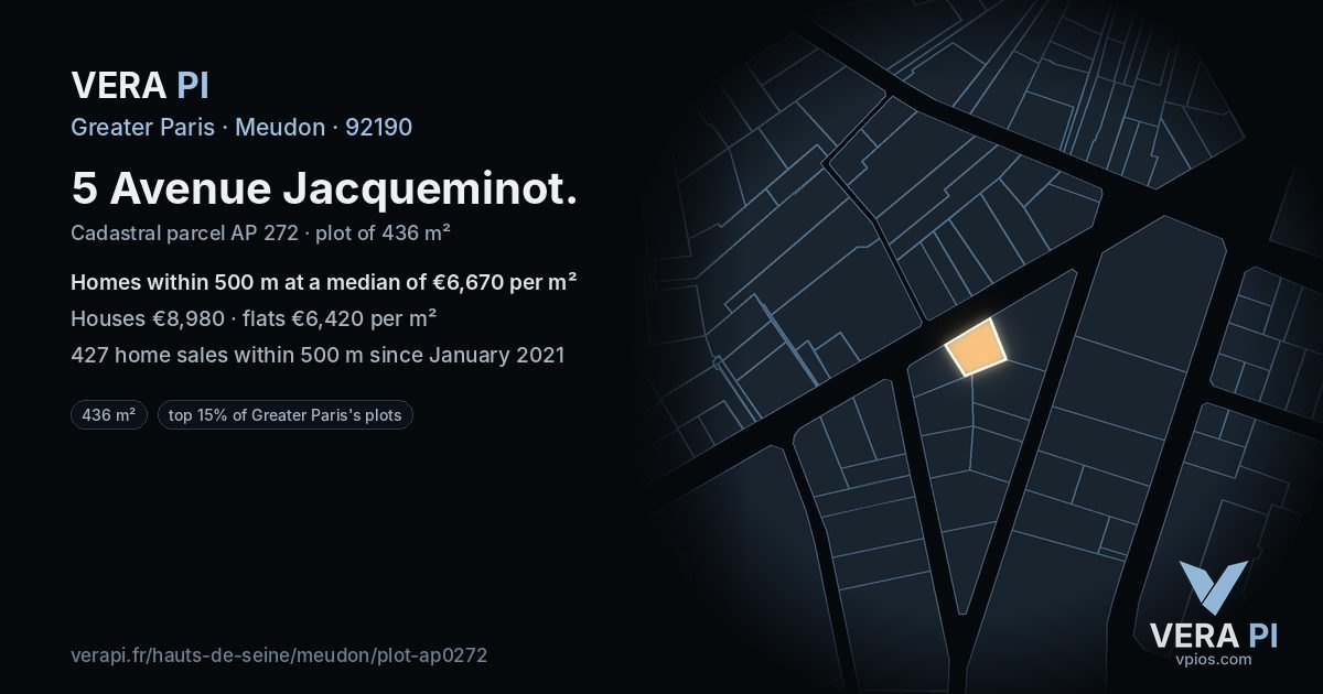 5 Avenue Jacqueminot, Meudon at night – the plot lit, the parcels around coloured by the prices near them