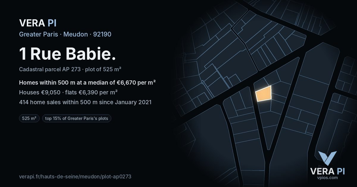 1 Rue Babie, Meudon at night – the plot lit, the parcels around coloured by the prices near them