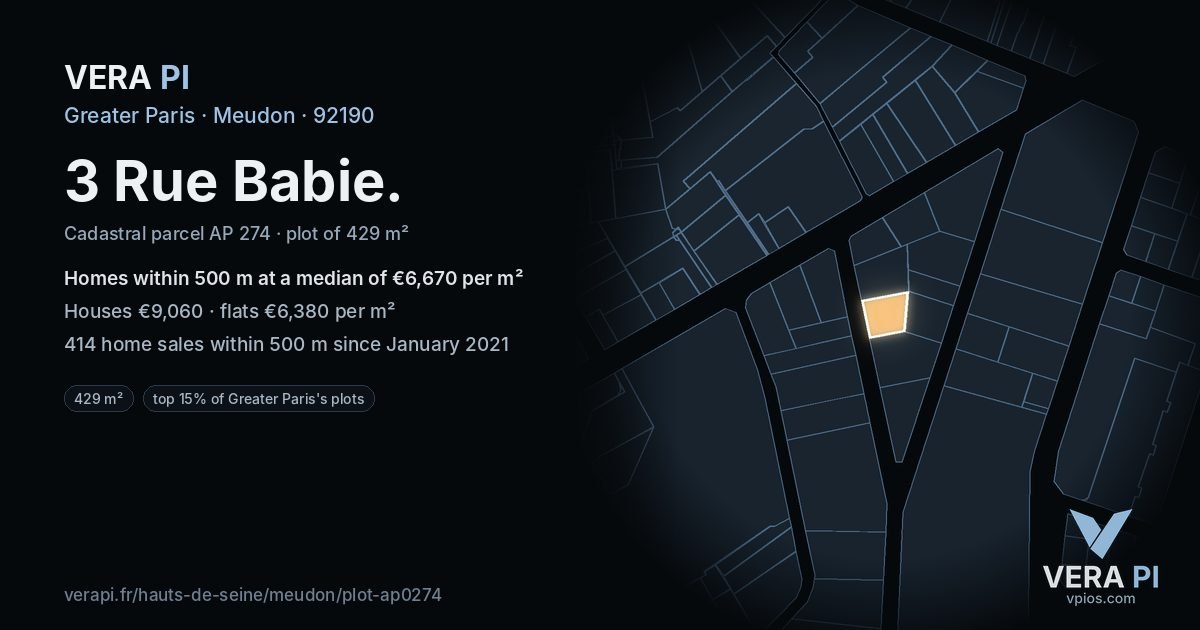 3 Rue Babie, Meudon at night – the plot lit, the parcels around coloured by the prices near them
