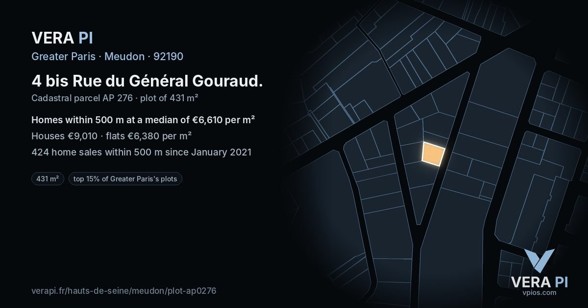 4 bis Rue du Général Gouraud, Meudon at night – the plot lit, the parcels around coloured by the prices near them