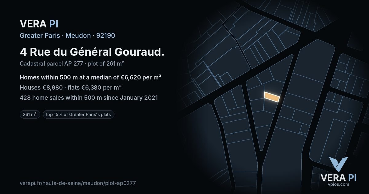 4 Rue du Général Gouraud, Meudon at night – the plot lit, the parcels around coloured by the prices near them