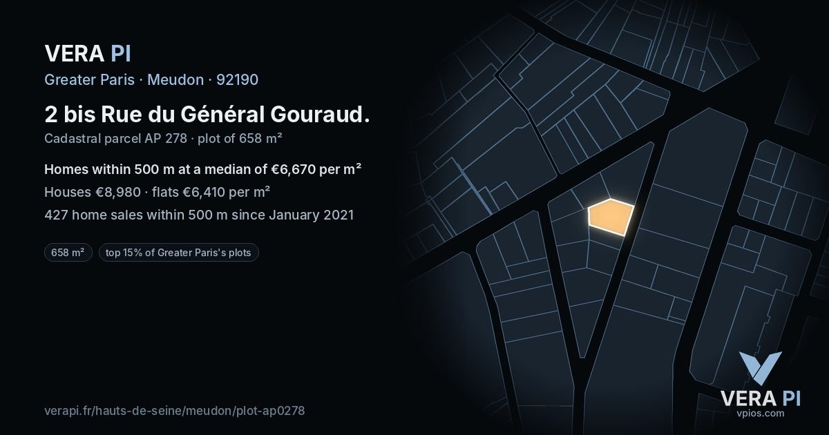 2 bis Rue du Général Gouraud, Meudon at night – the plot lit, the parcels around coloured by the prices near them