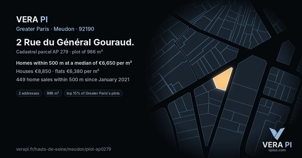 2 Rue du Général Gouraud, Meudon at night – the plot lit, the parcels around coloured by the prices near them
