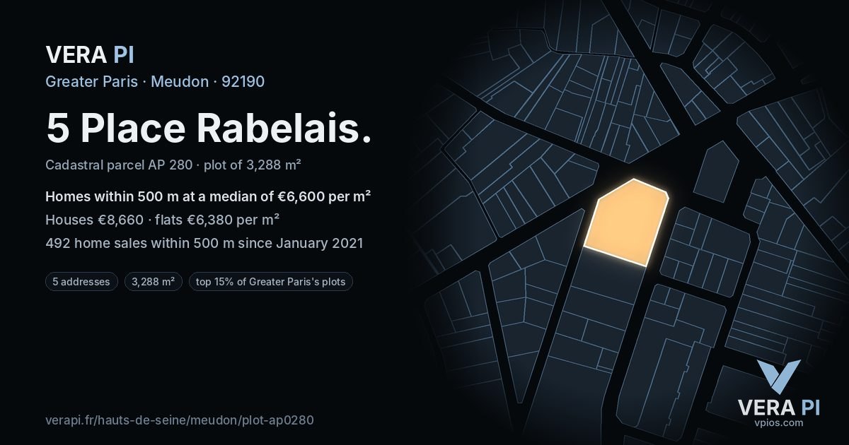 5 Place Rabelais, Meudon at night – the plot lit, the parcels around coloured by the prices near them