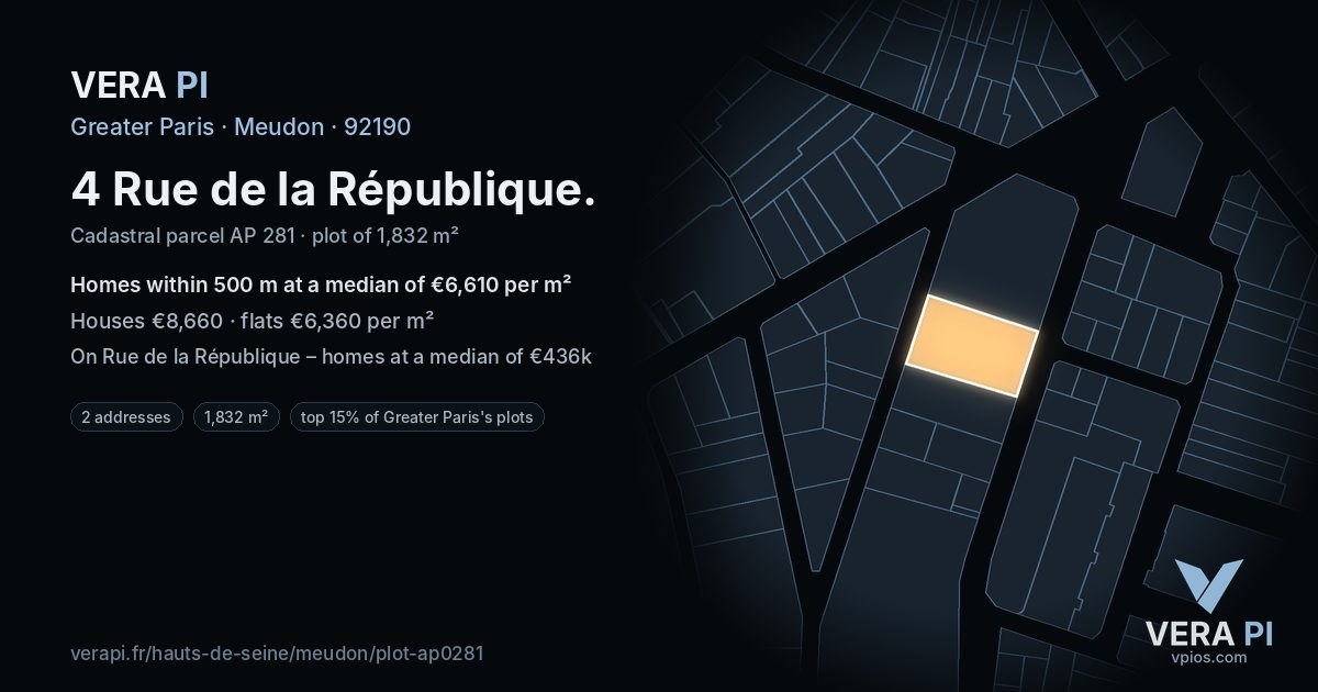 4 Rue de la République, Meudon at night – the plot lit, the parcels around coloured by the prices near them