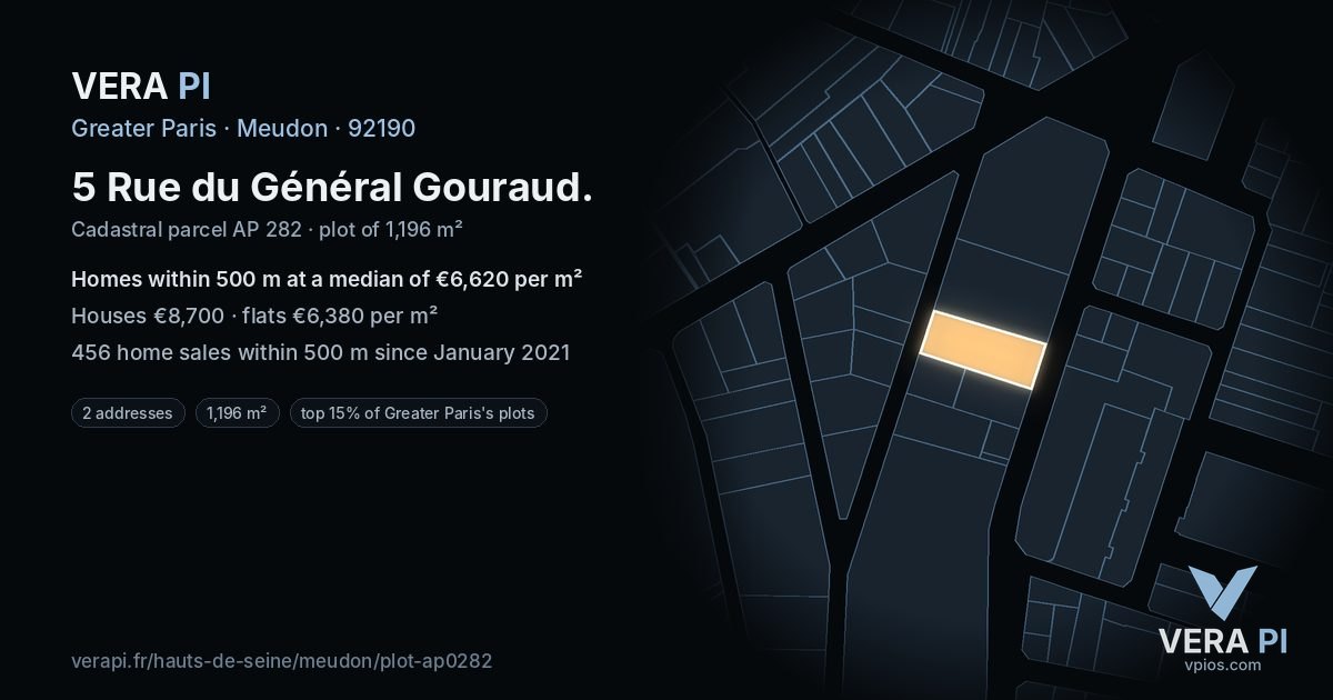 5 Rue du Général Gouraud, Meudon at night – the plot lit, the parcels around coloured by the prices near them