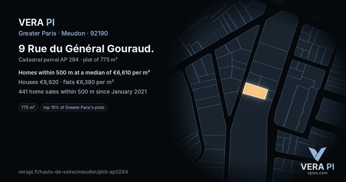 9 Rue du Général Gouraud, Meudon at night – the plot lit, the parcels around coloured by the prices near them