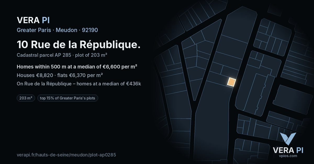 10 Rue de la République, Meudon at night – the plot lit, the parcels around coloured by the prices near them