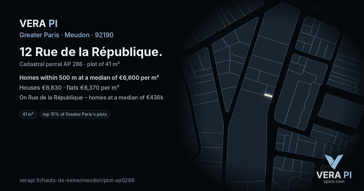 12 Rue de la République, Meudon at night – the plot lit, the parcels around coloured by the prices near them