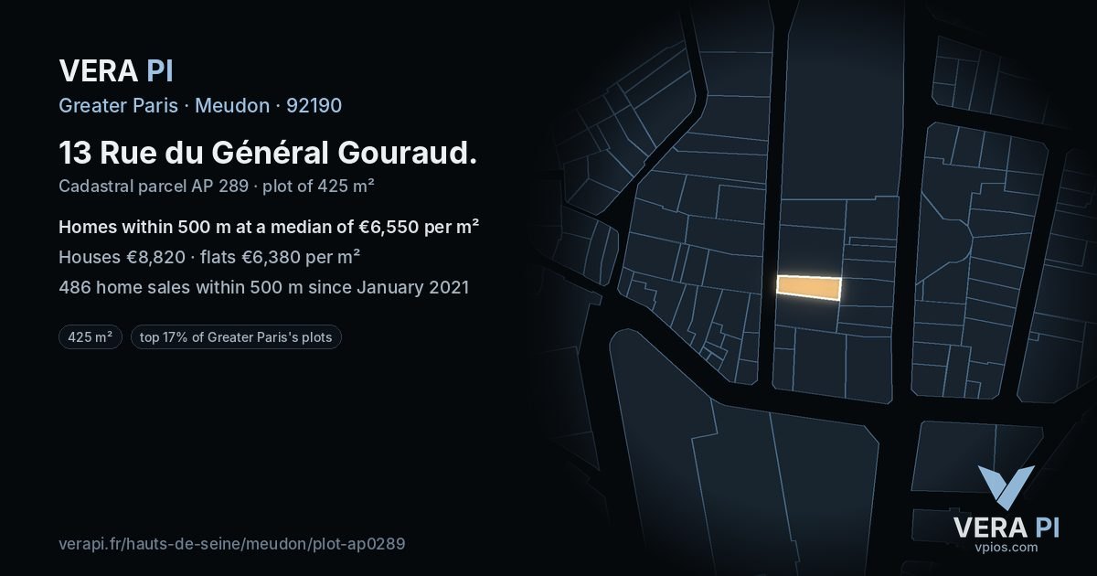 13 Rue du Général Gouraud, Meudon at night – the plot lit, the parcels around coloured by the prices near them