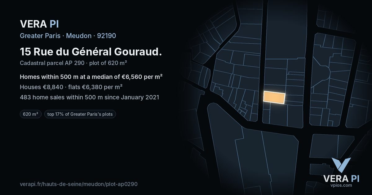 15 Rue du Général Gouraud, Meudon at night – the plot lit, the parcels around coloured by the prices near them