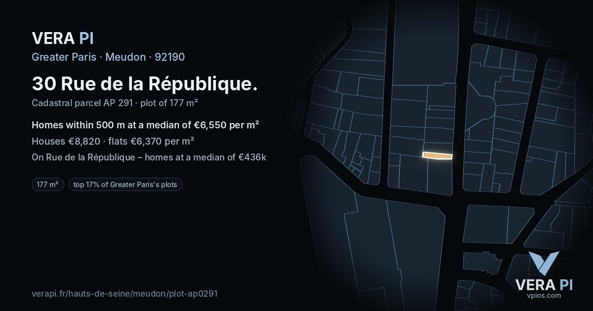 30 Rue de la République, Meudon at night – the plot lit, the parcels around coloured by the prices near them