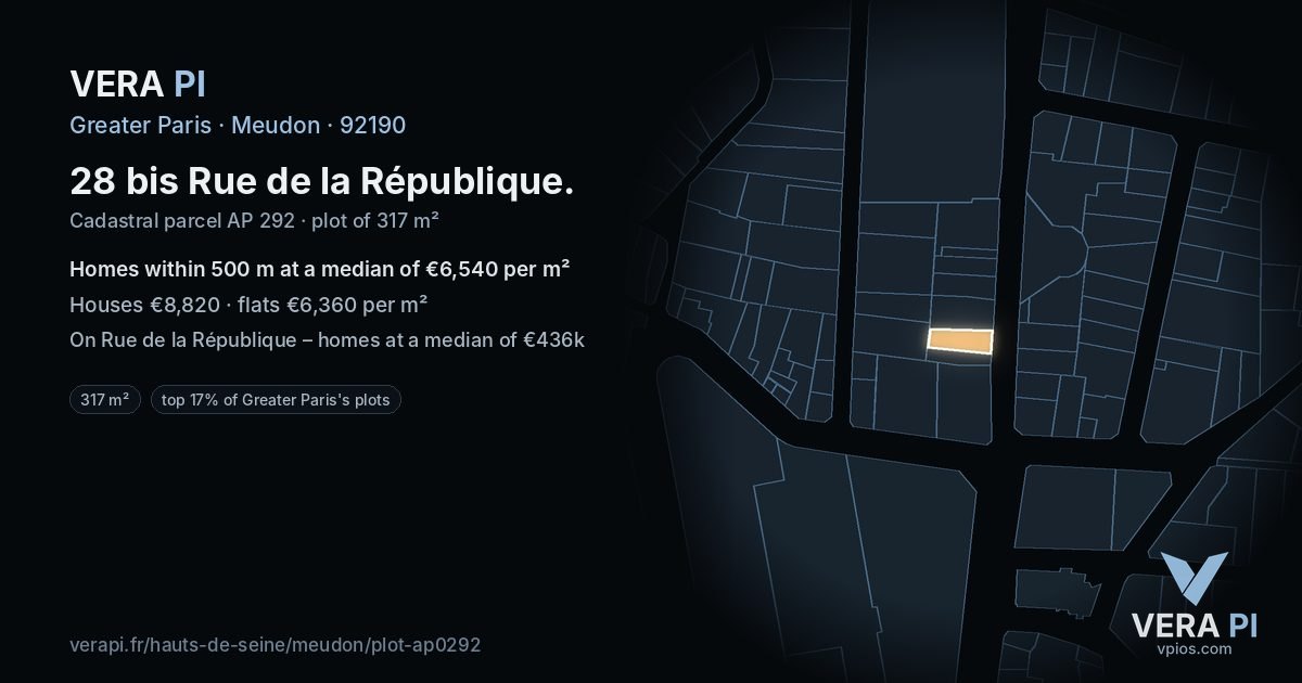 28 bis Rue de la République, Meudon at night – the plot lit, the parcels around coloured by the prices near them