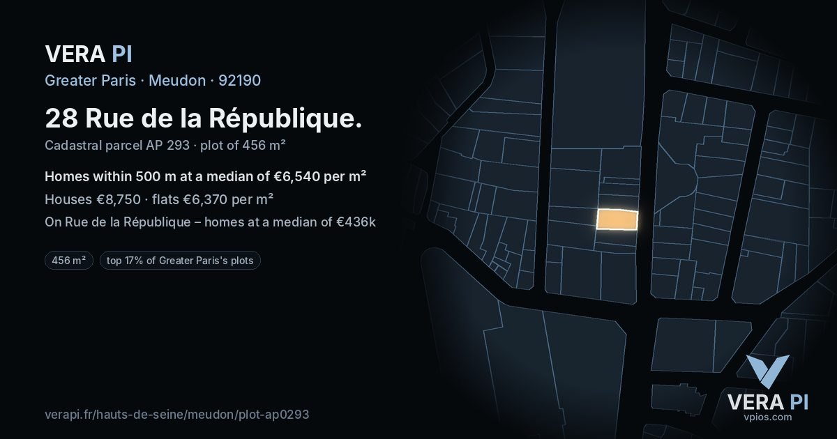 28 Rue de la République, Meudon at night – the plot lit, the parcels around coloured by the prices near them