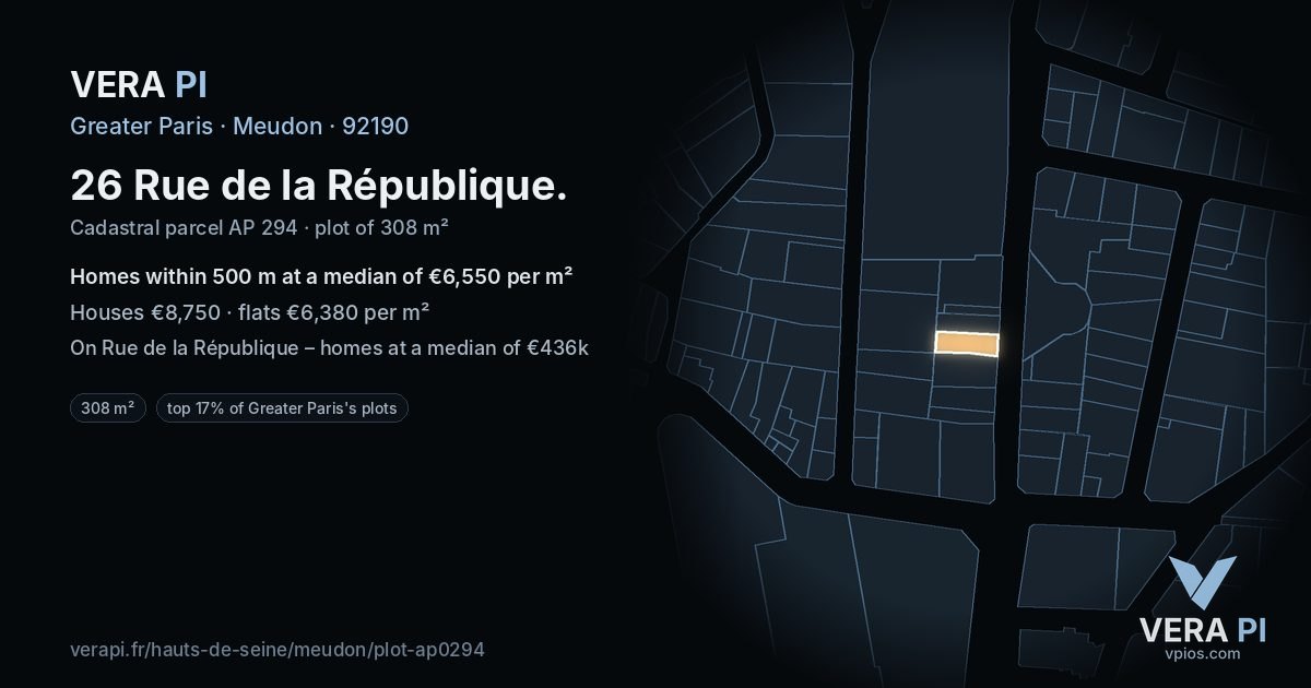 26 Rue de la République, Meudon at night – the plot lit, the parcels around coloured by the prices near them