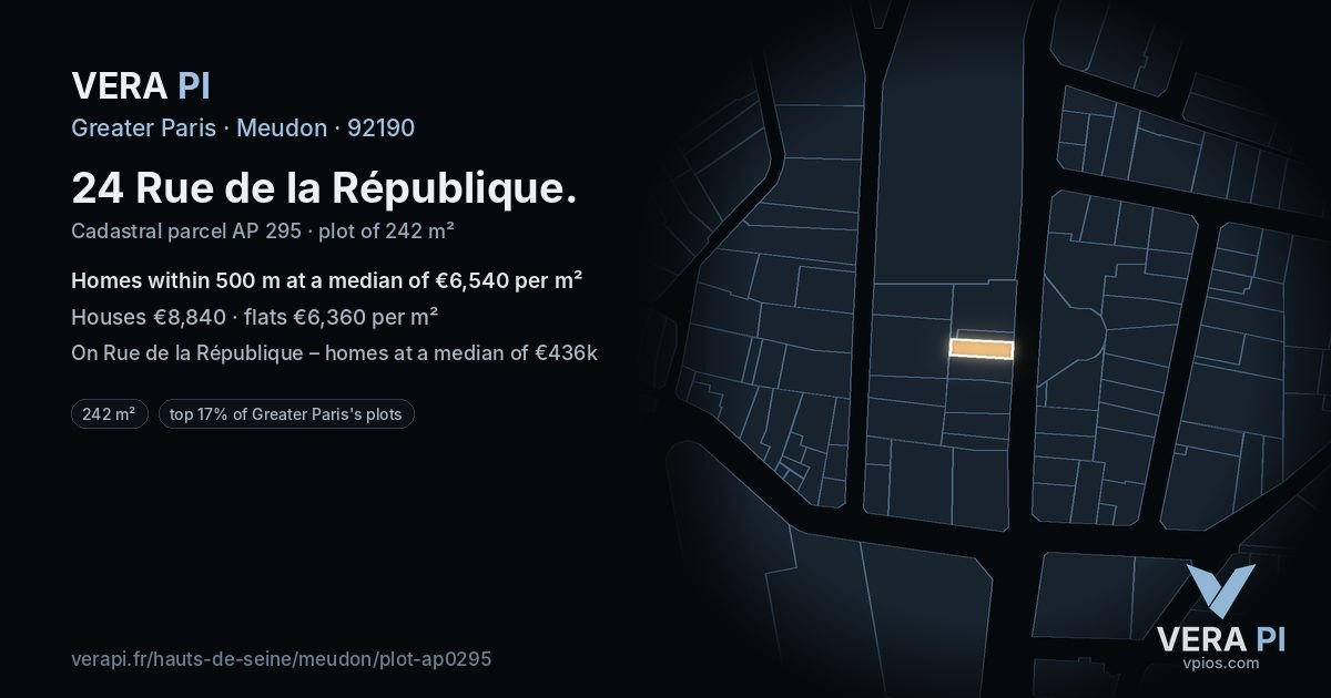 24 Rue de la République, Meudon at night – the plot lit, the parcels around coloured by the prices near them