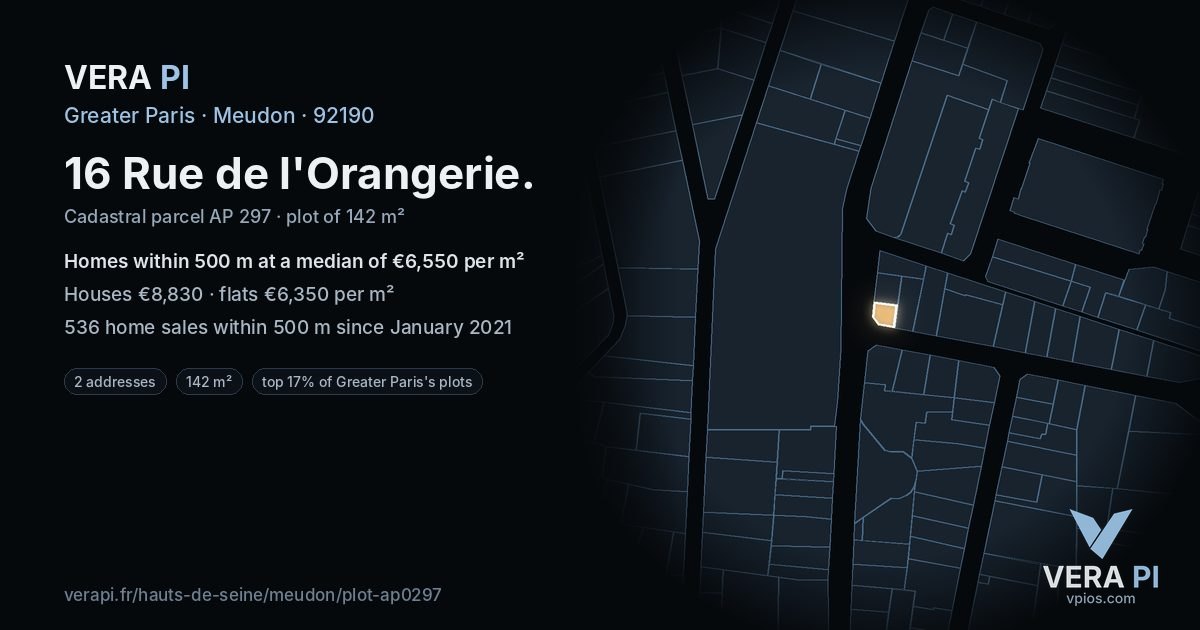 16 Rue de l'Orangerie, Meudon at night – the plot lit, the parcels around coloured by the prices near them