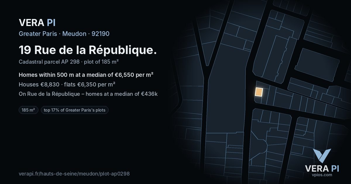 19 Rue de la République, Meudon at night – the plot lit, the parcels around coloured by the prices near them