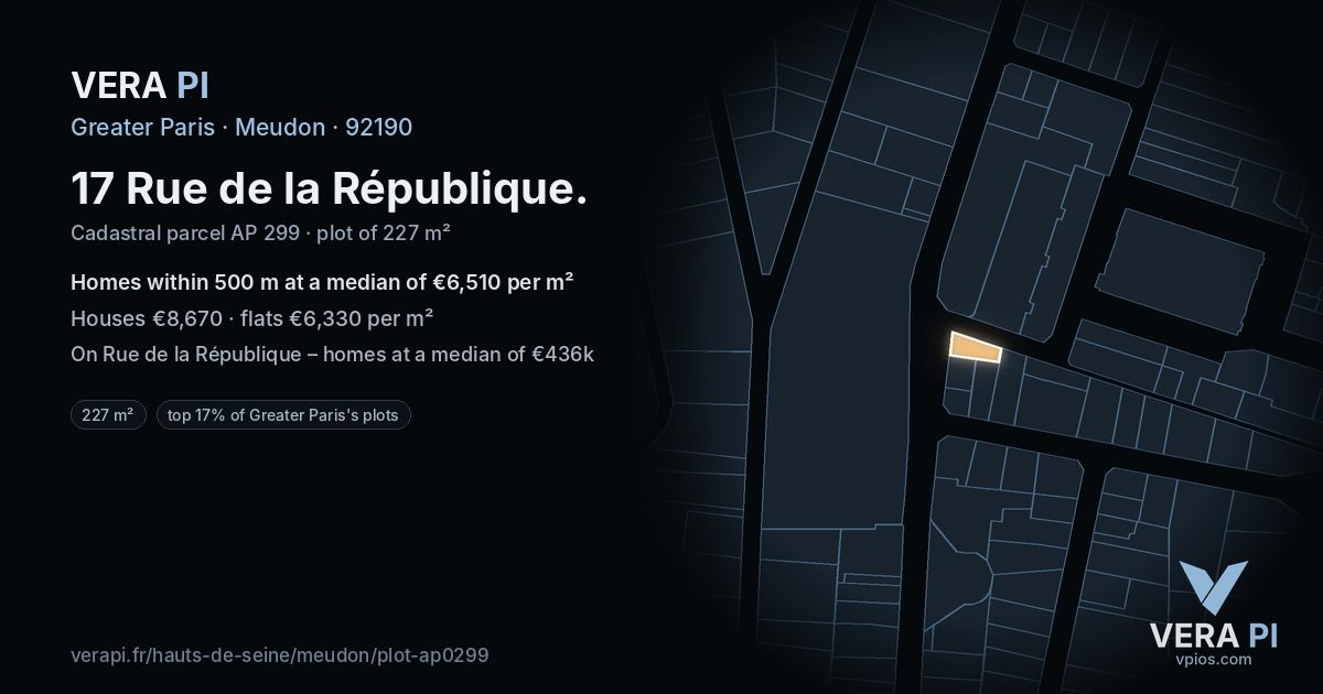 17 Rue de la République, Meudon at night – the plot lit, the parcels around coloured by the prices near them