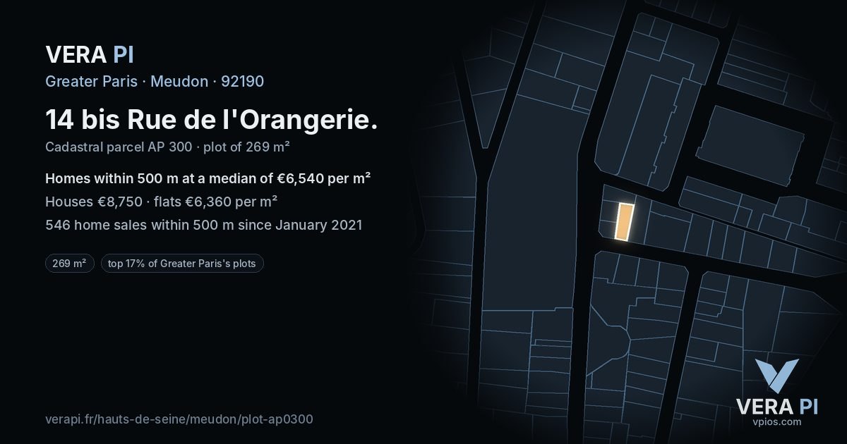 14 bis Rue de l'Orangerie, Meudon at night – the plot lit, the parcels around coloured by the prices near them