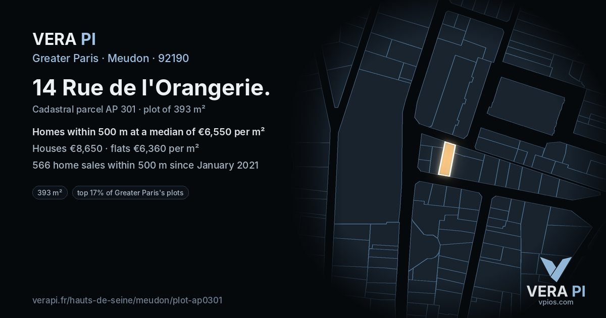 14 Rue de l'Orangerie, Meudon at night – the plot lit, the parcels around coloured by the prices near them