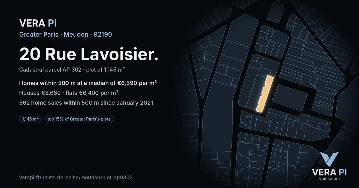 20 Rue Lavoisier, Meudon at night – the plot lit, the parcels around coloured by the prices near them