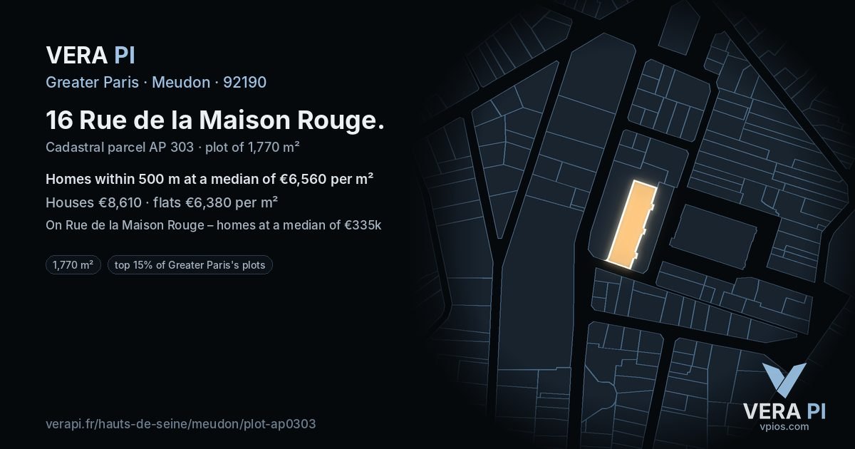 16 Rue de la Maison Rouge, Meudon at night – the plot lit, the parcels around coloured by the prices near them